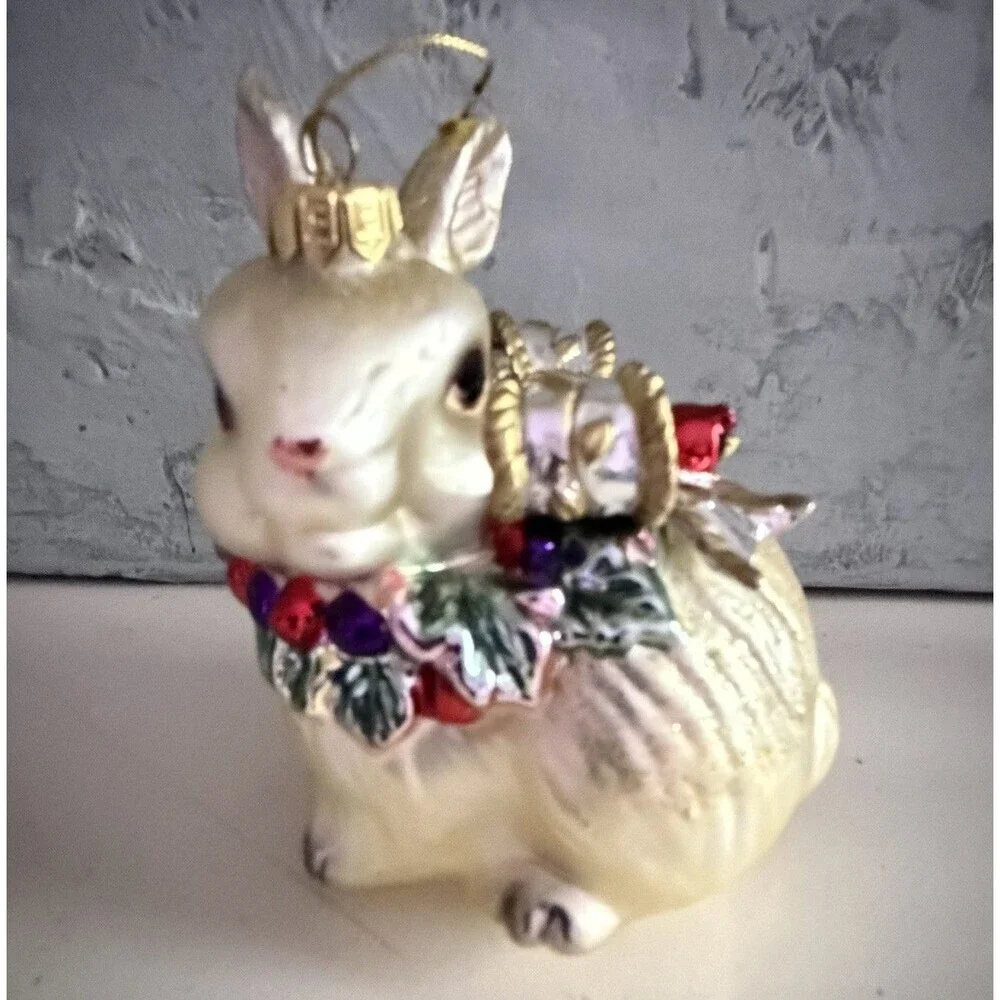 Fitz and Floyd Hand Blown Glass Snowy Woods Bunny Rabbit Ornament